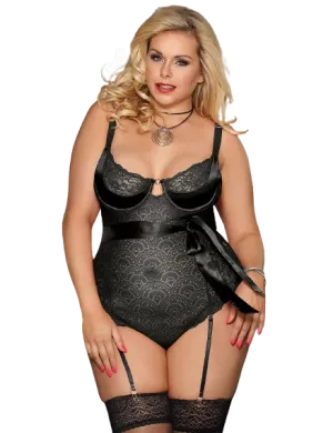 Plus Size Black Elegant Lace Garter Bodysuit with Silk Belt
