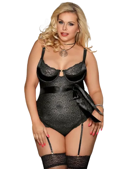Plus Size Black Elegant Lace Garter Bodysuit with Silk Belt