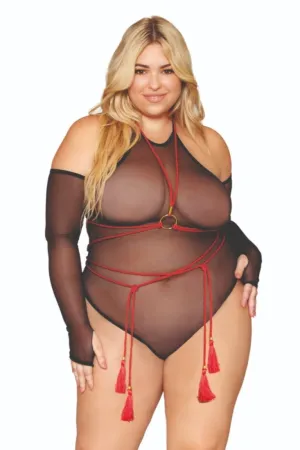 Plus Size Stretch Teddy with Gloves & Harness