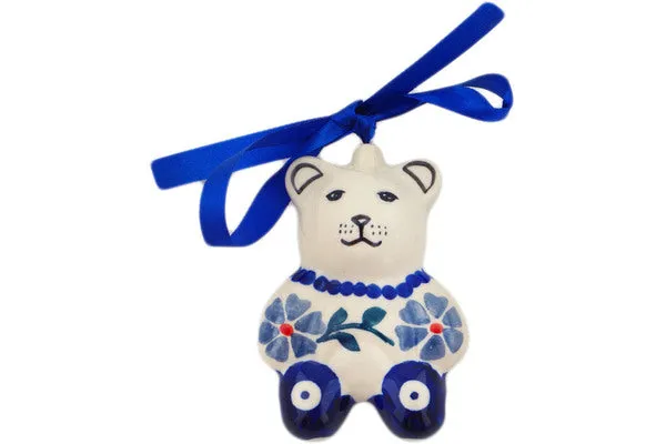 Polish Pottery 3" Teddy Bear Ornament Peacock Forget-Me-Not