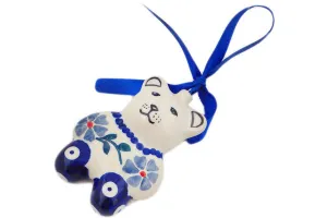 Polish Pottery 3" Teddy Bear Ornament Peacock Forget-Me-Not