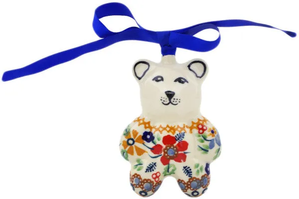 Polish Pottery 3" Teddy Bear Ornament Summer Bouquet UNIKAT