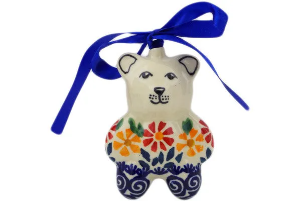 Polish Pottery 3" Teddy Bear Ornament Wave Of Flowers