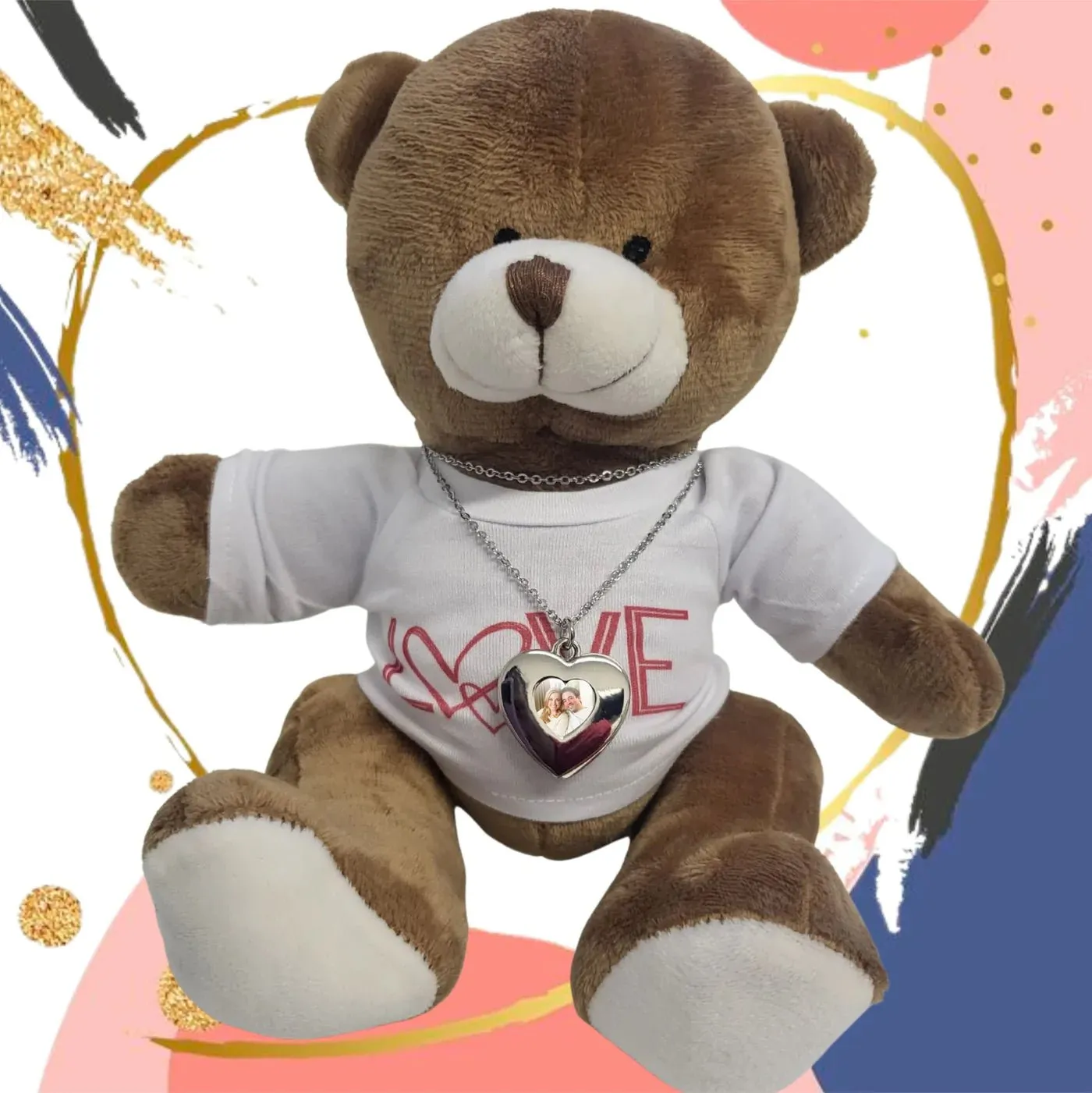 Pure Essence Greetings Love Heart Teddy Bear and Photo Locket Necklace Gift Set