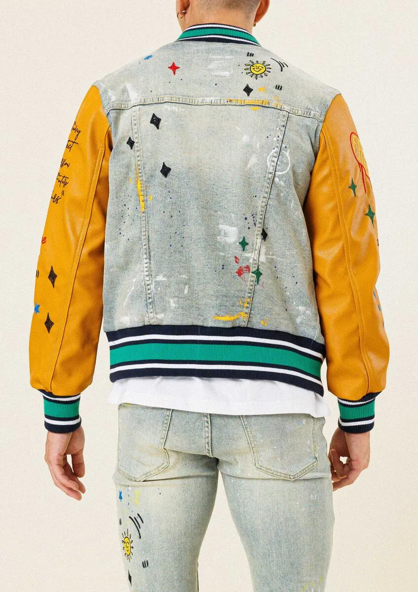 "NO CAP" DENIM LEATHER VARSITY JACKET