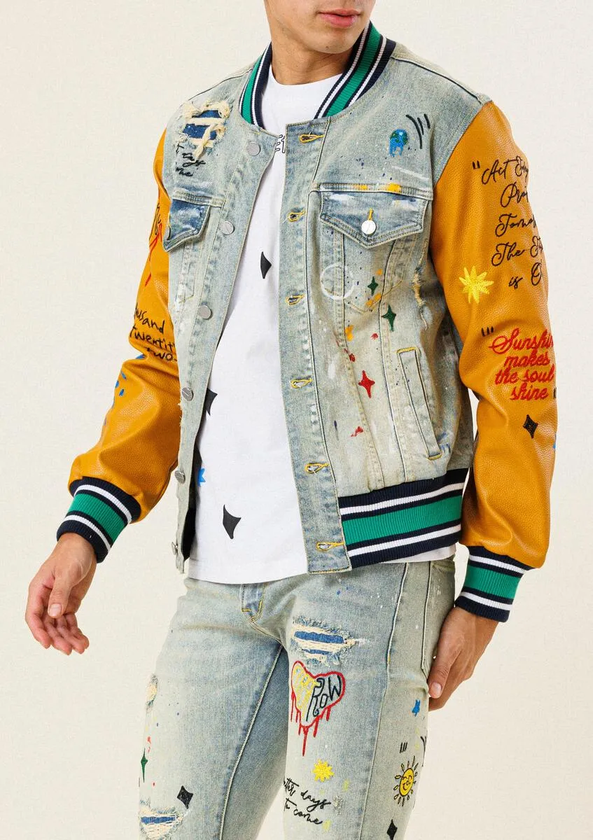 "NO CAP" DENIM LEATHER VARSITY JACKET