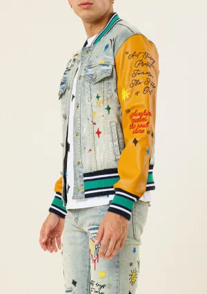 "NO CAP" DENIM LEATHER VARSITY JACKET