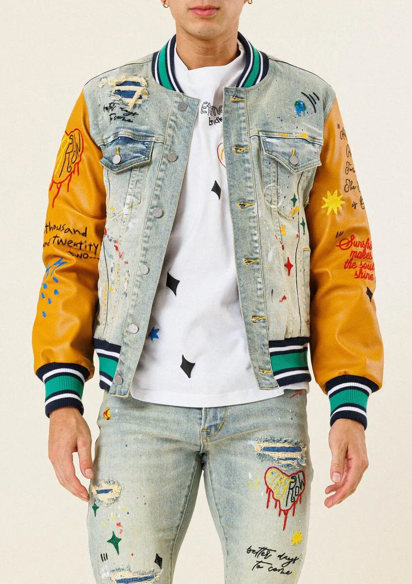 "NO CAP" DENIM LEATHER VARSITY JACKET