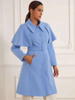 Removable Cape Single-Breasted Casual Belted Pea Coat