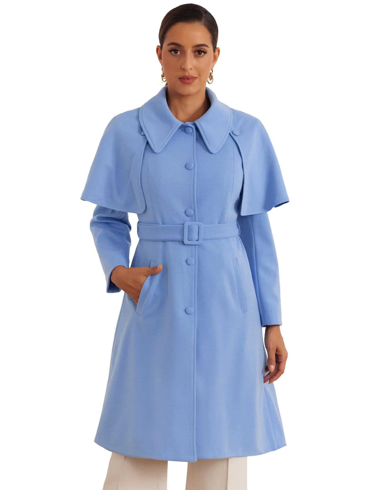 Removable Cape Single-Breasted Casual Belted Pea Coat