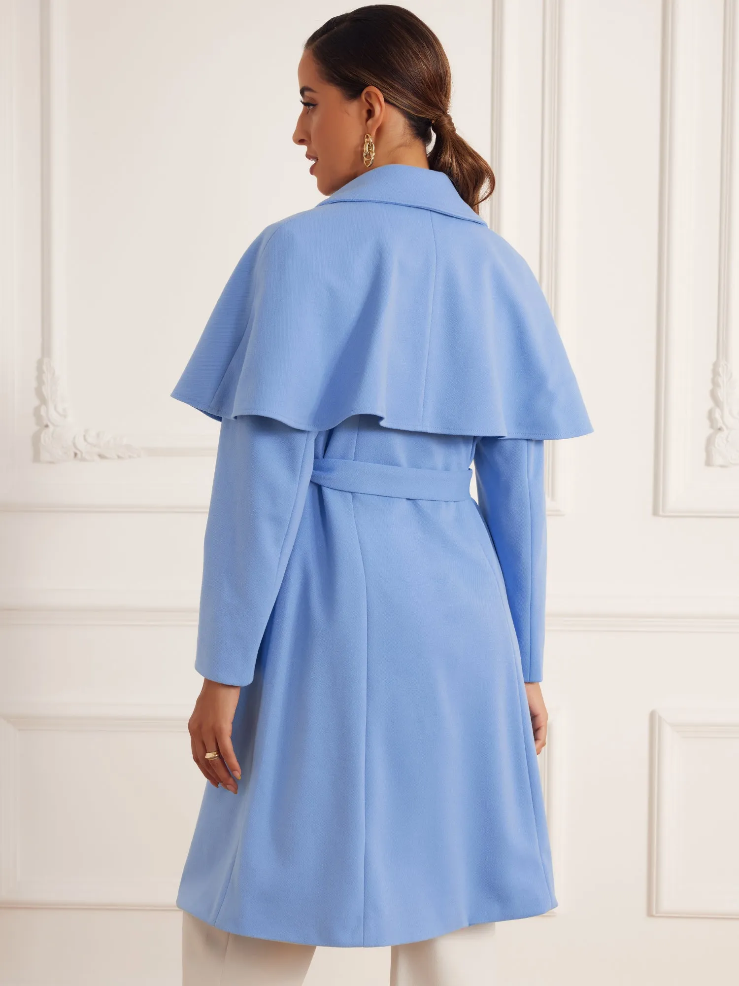 Removable Cape Single-Breasted Casual Belted Pea Coat