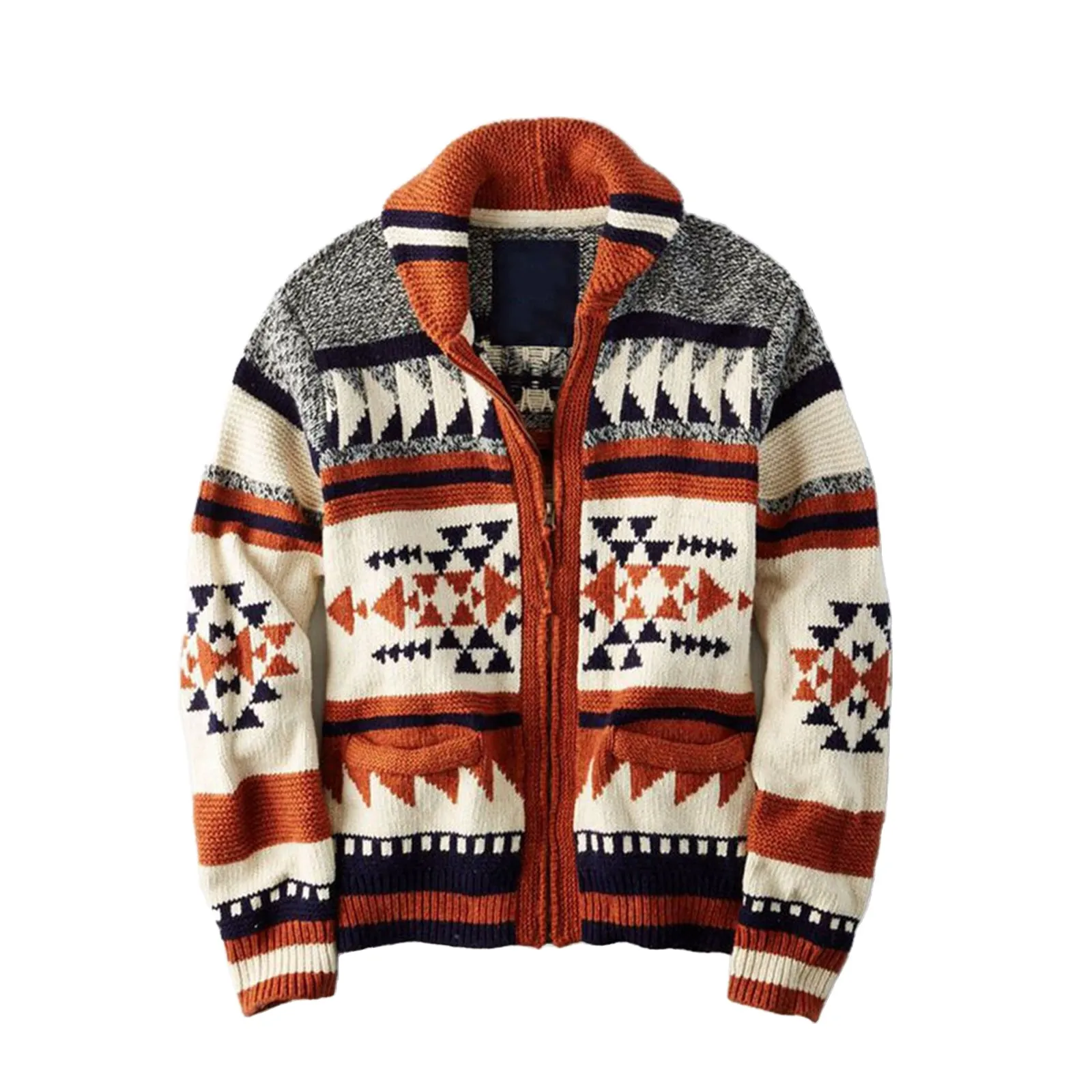 RETRO JACQUARD KNITTED ZIPPER POCKET SWEATER COAT