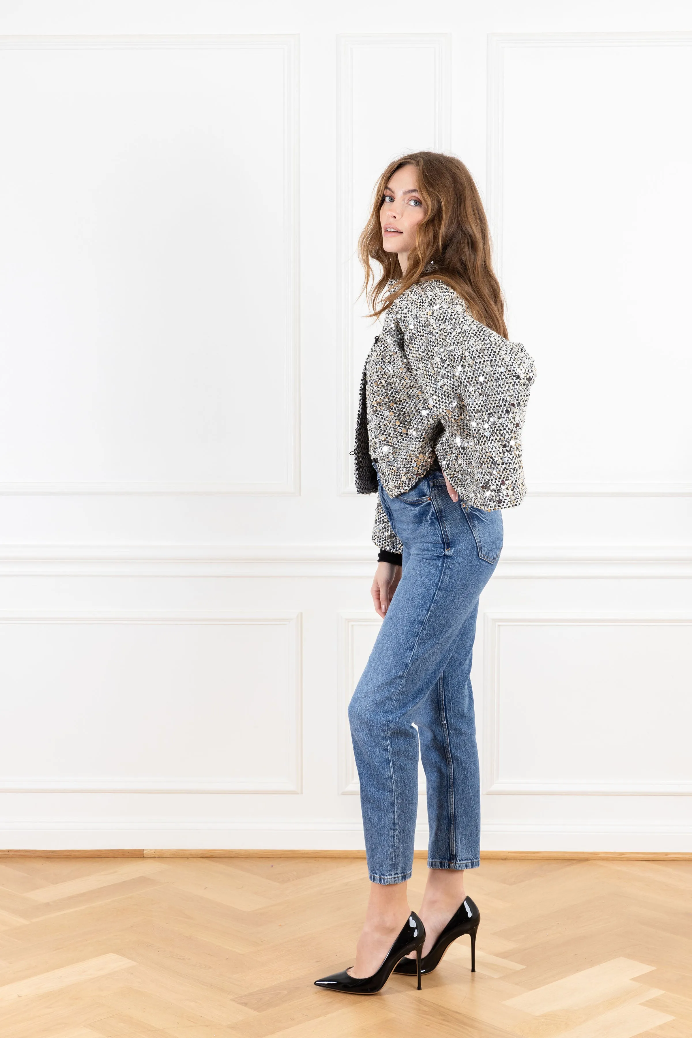 Silver Sequin Woven Cropped Jacket