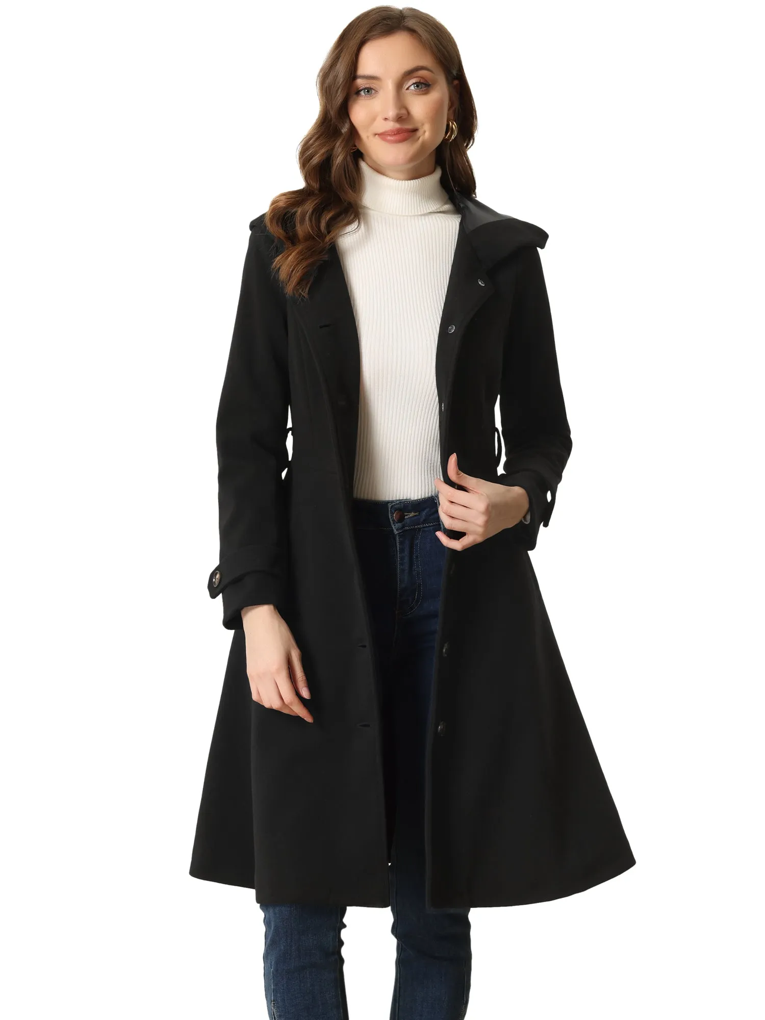 Single Breasted Belted Hooded Winter Pockets Coat