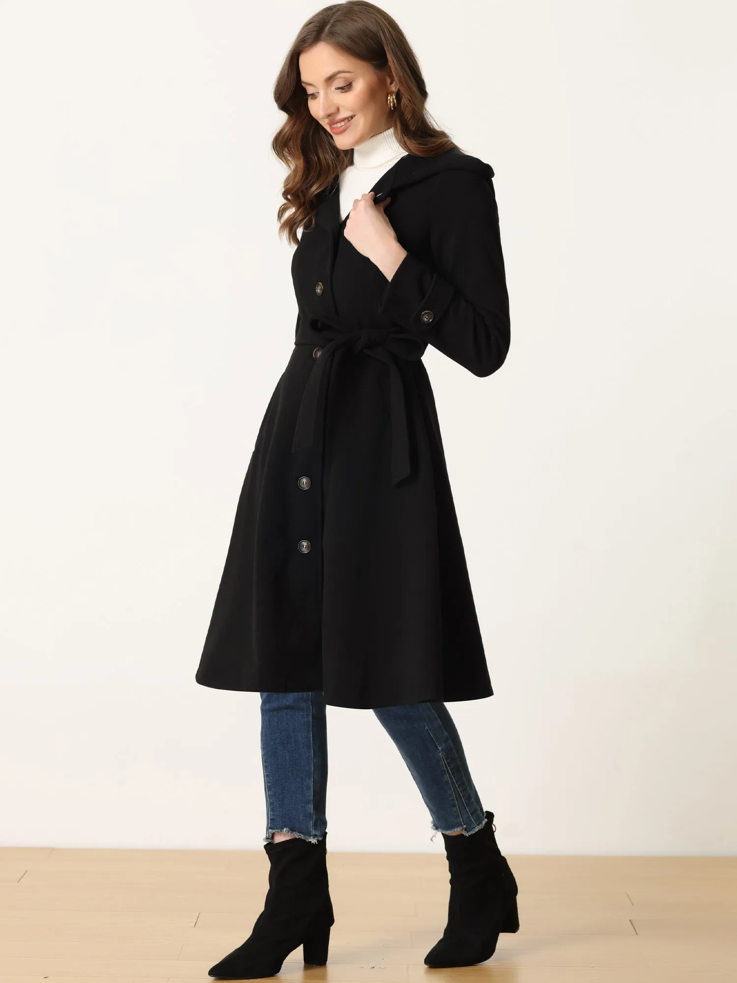 Single Breasted Belted Hooded Winter Pockets Coat