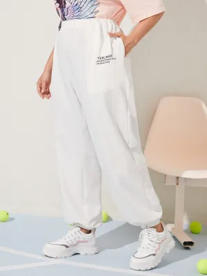 Slogan Pocket High Waist Long Plus Size Sweatpants