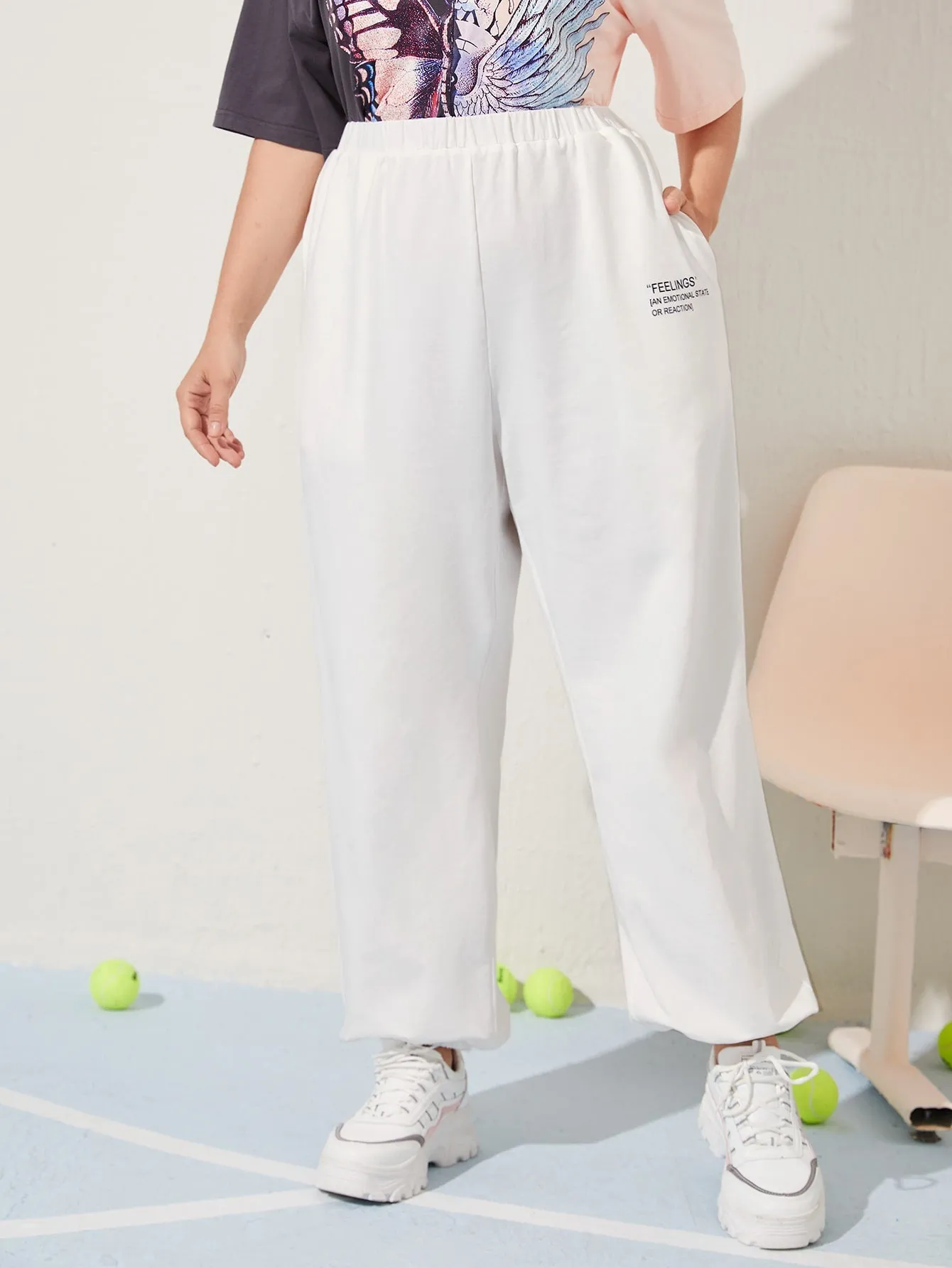 Slogan Pocket High Waist Long Plus Size Sweatpants