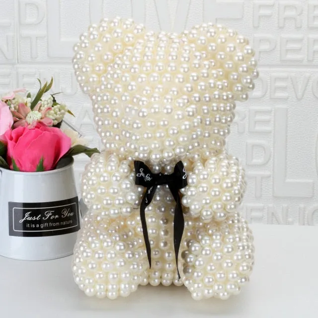 Small Simulated Pearl Rose Teddy Bear Precious Gift