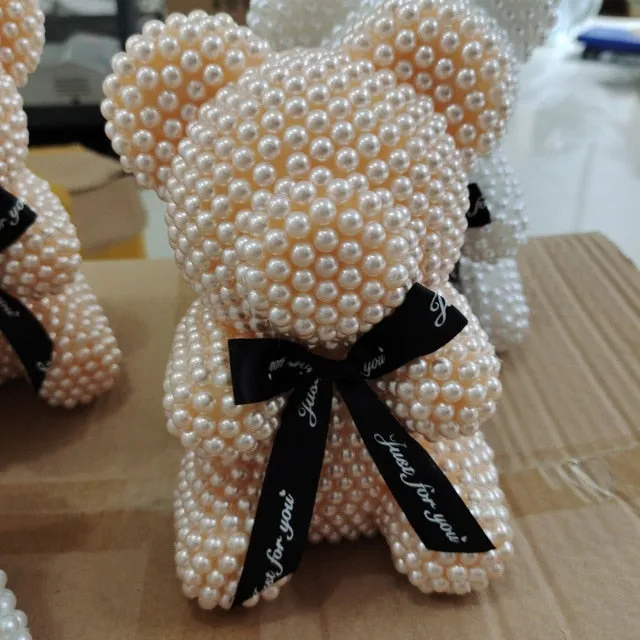Small Simulated Pearl Rose Teddy Bear Precious Gift