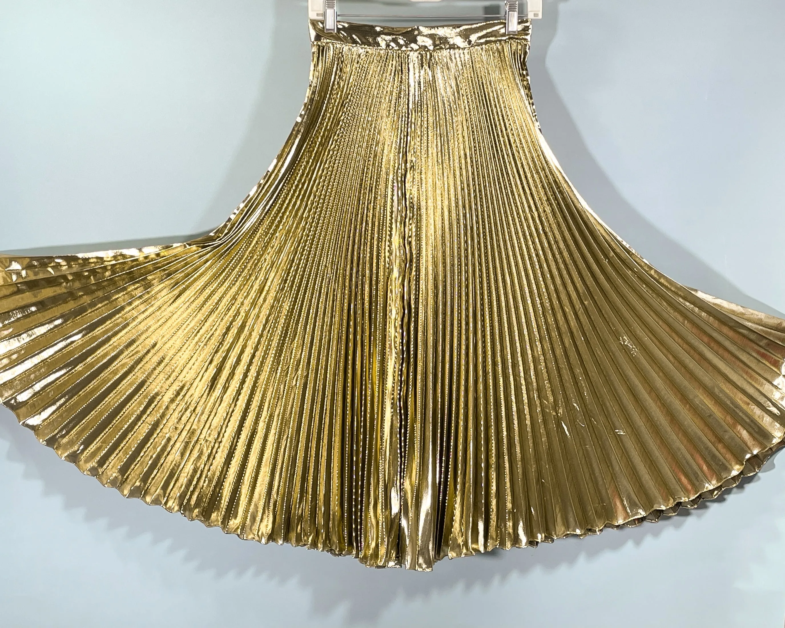 sold Vintage Gold Lame Pleated Midi Skirt, Deadstock   Tags, Partique SZ 8/26" W