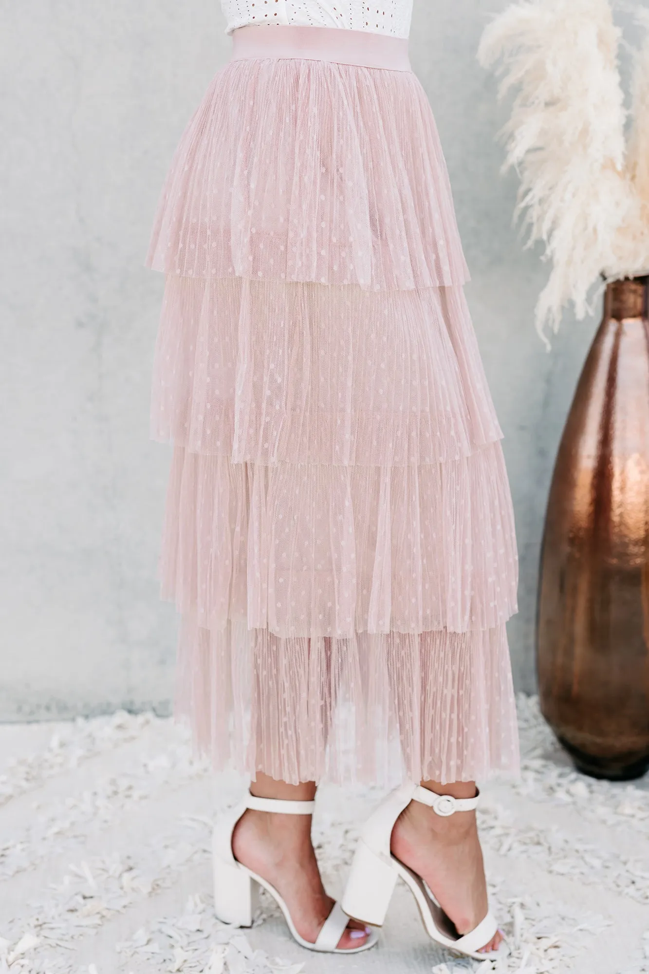 Take A Bow Tiered Tulle Midi Skirt (Mauve)