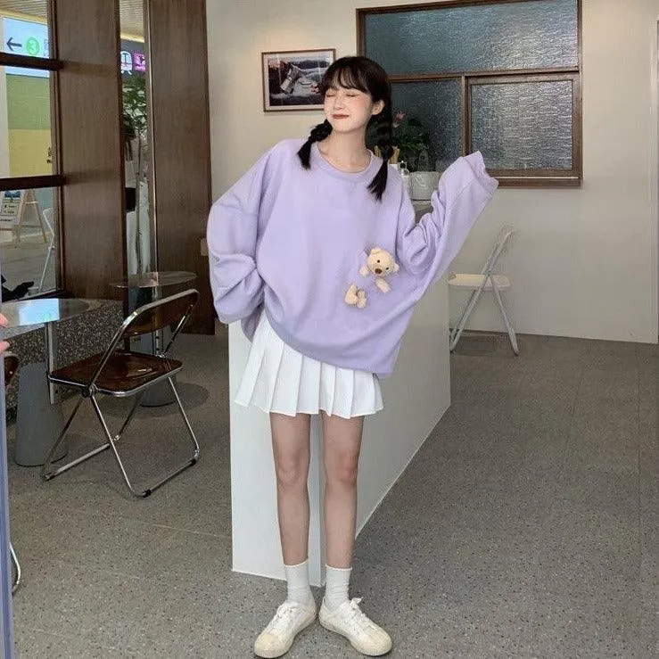Teddy Bear Companion Lightweight Women's Sweatshirt Pullover Cute Kawaii Harajuku Girls Top Korean Style