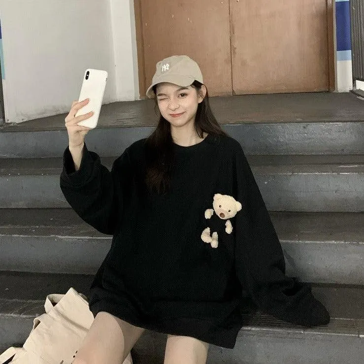 Teddy Bear Companion Lightweight Women's Sweatshirt Pullover Cute Kawaii Harajuku Girls Top Korean Style
