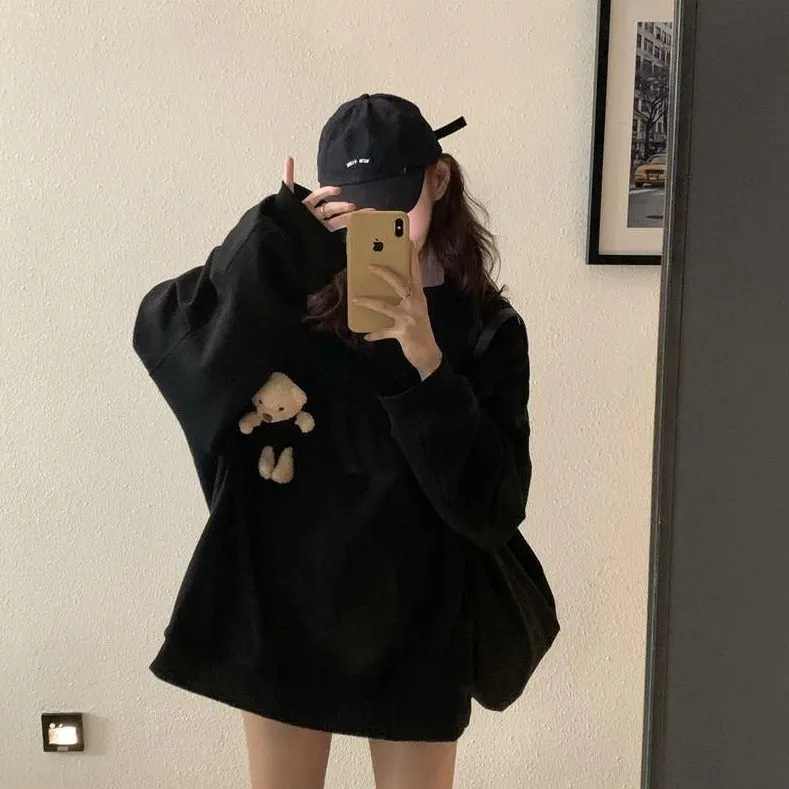 Teddy Bear Companion Lightweight Women's Sweatshirt Pullover Cute Kawaii Harajuku Girls Top Korean Style