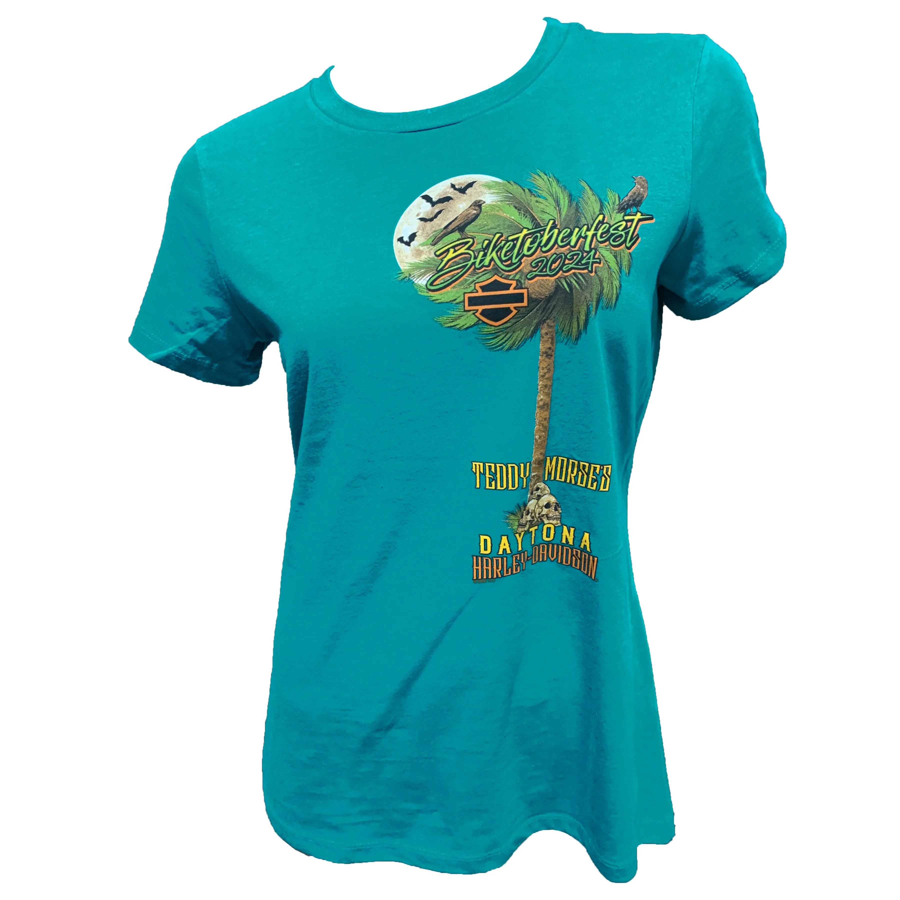 Teddy Morse's Daytona Harley-Davidson Women's Biketoberfest 2024 Midnight Palms Short Sleeve Shirt, Jade Green