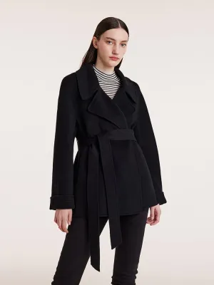 Tencel Wool Lapel Double-Faced Short Coat With Belt