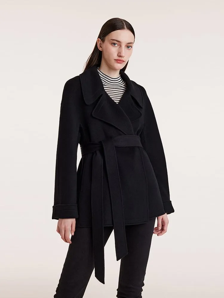 Tencel Wool Lapel Double-Faced Short Coat With Belt