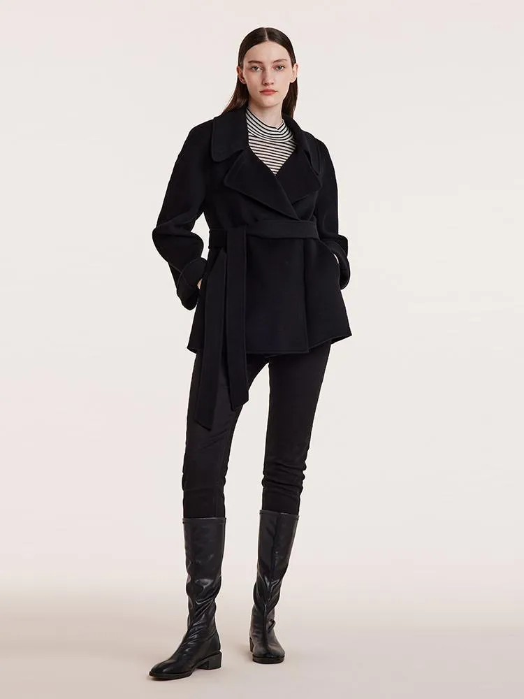 Tencel Wool Lapel Double-Faced Short Coat With Belt