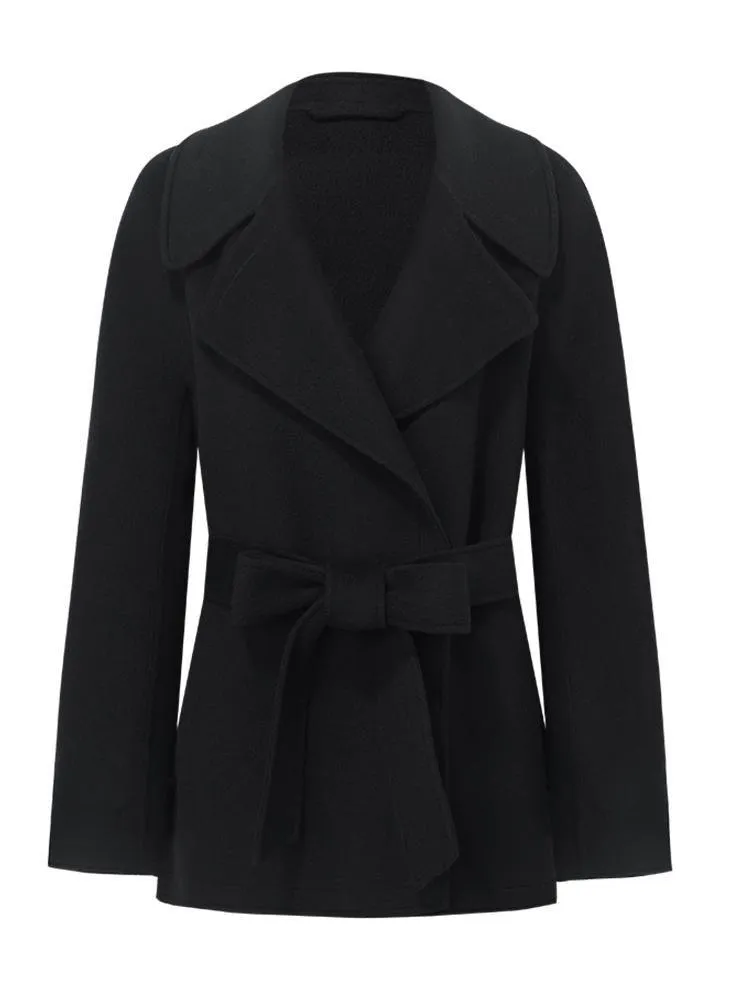 Tencel Wool Lapel Double-Faced Short Coat With Belt