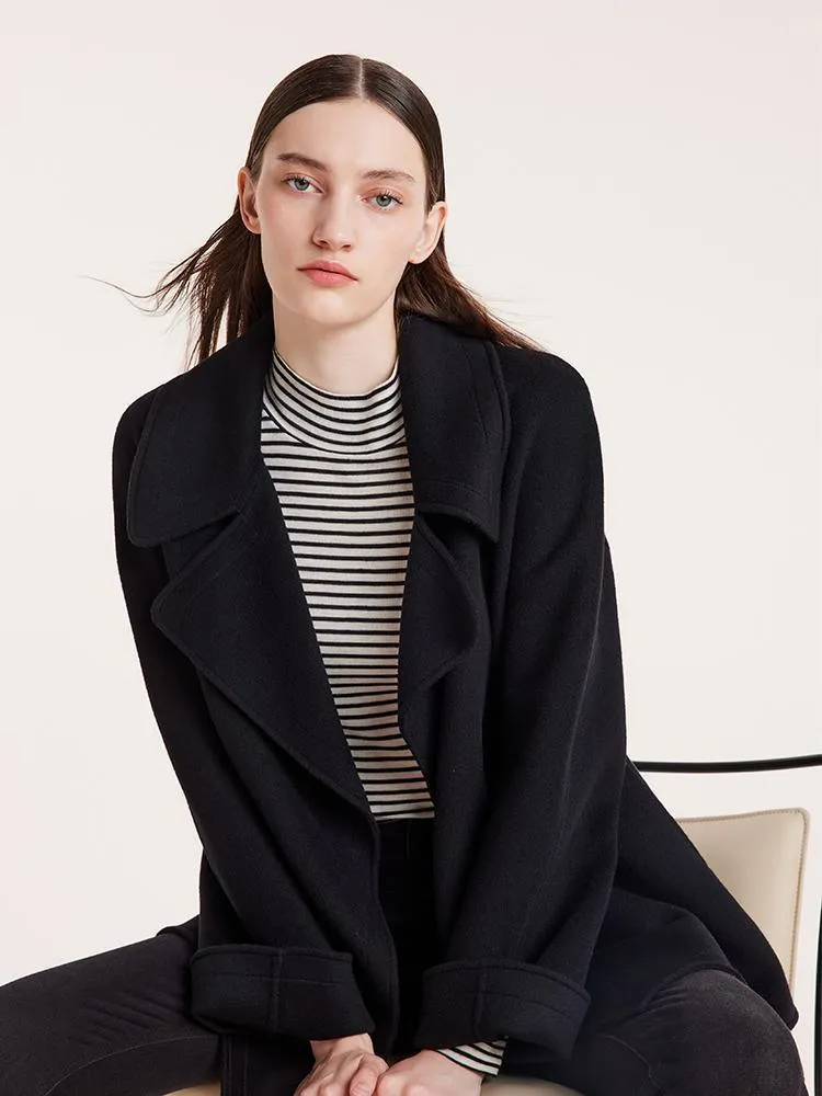 Tencel Wool Lapel Double-Faced Short Coat With Belt