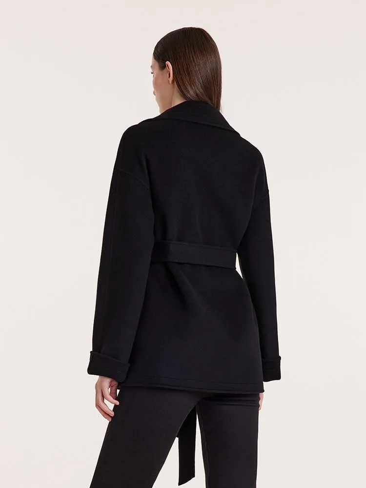 Tencel Wool Lapel Double-Faced Short Coat With Belt