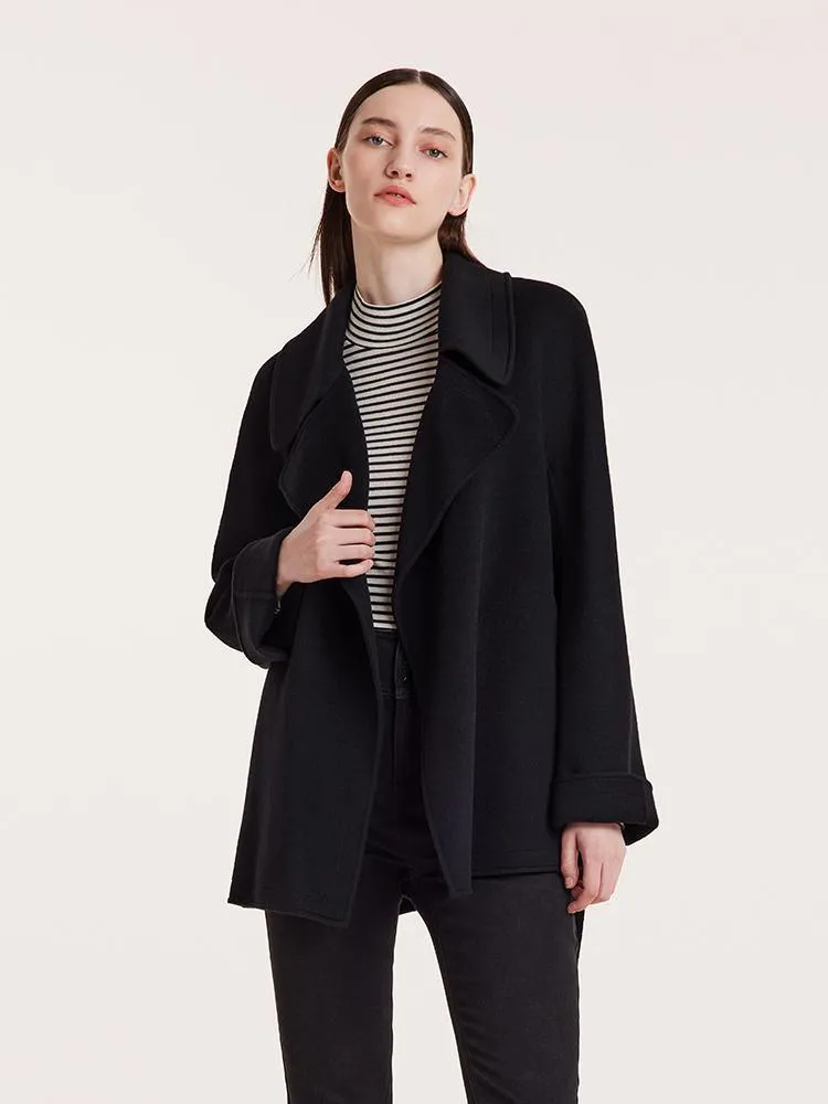 Tencel Wool Lapel Double-Faced Short Coat With Belt