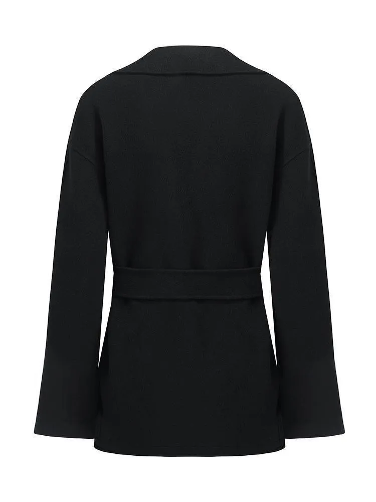 Tencel Wool Lapel Double-Faced Short Coat With Belt