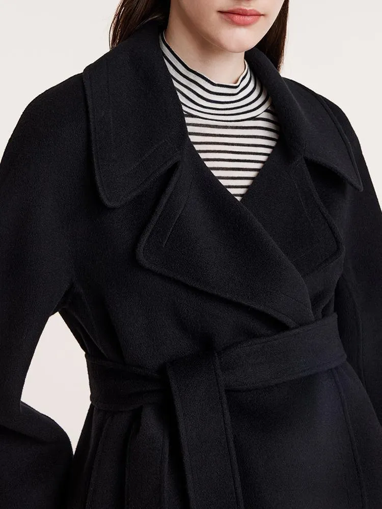 Tencel Wool Lapel Double-Faced Short Coat With Belt
