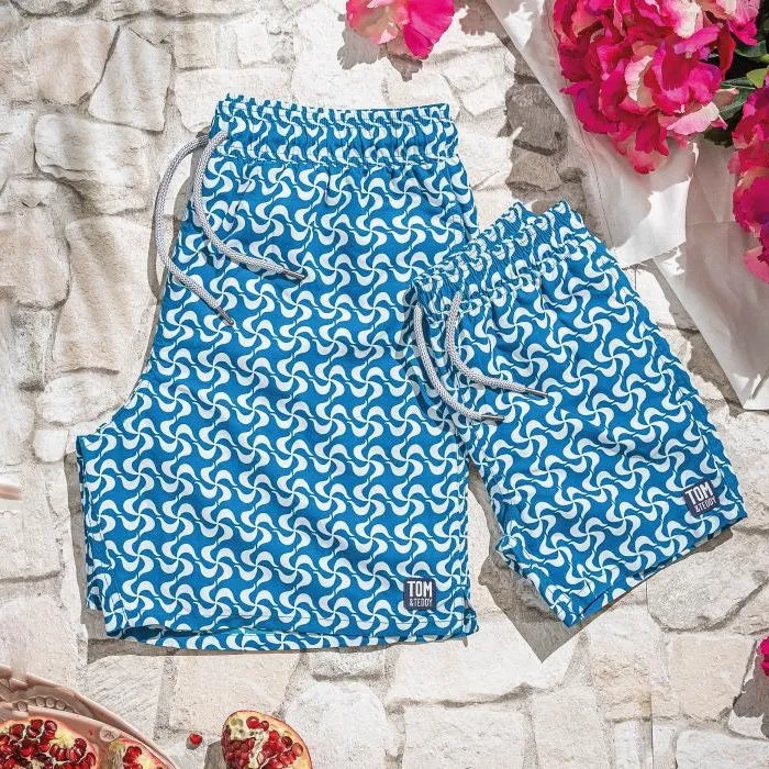 Tom & Teddy Mediterranean Tiles Mens Swim Shorts MEDTW - Teal/ White
