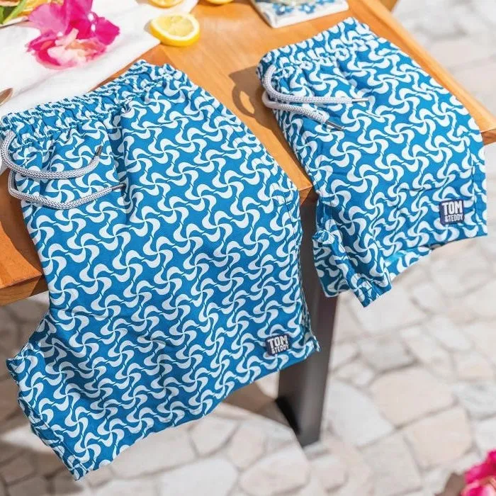 Tom & Teddy Mediterranean Tiles Mens Swim Shorts MEDTW - Teal/ White