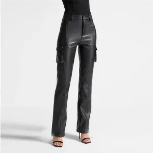 Trend4us Women's High-Waisted Faux Leather Cargo Pants