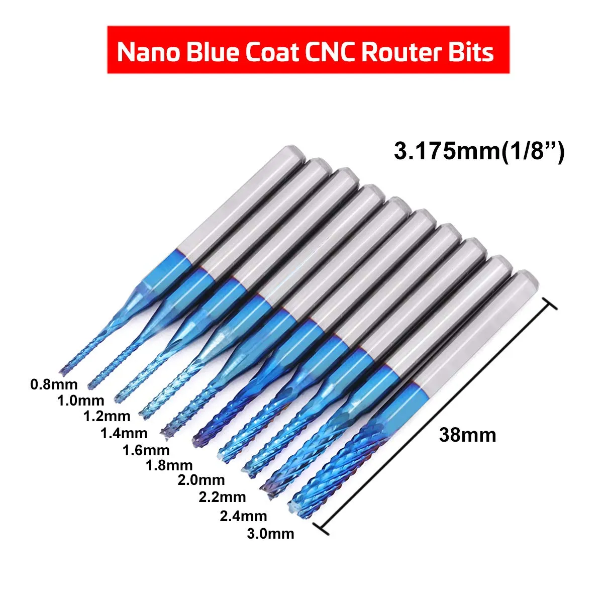 TwoWin 40Pcs End Mill Bits Set 1/8" Shank CNC Router Bits Cutting Milling Tool Engraving Cutter Including Flat Nose/Ball Nose End Mill, Nano Blue Coat/Titanium Coat 2 Flute CNC Router Bits