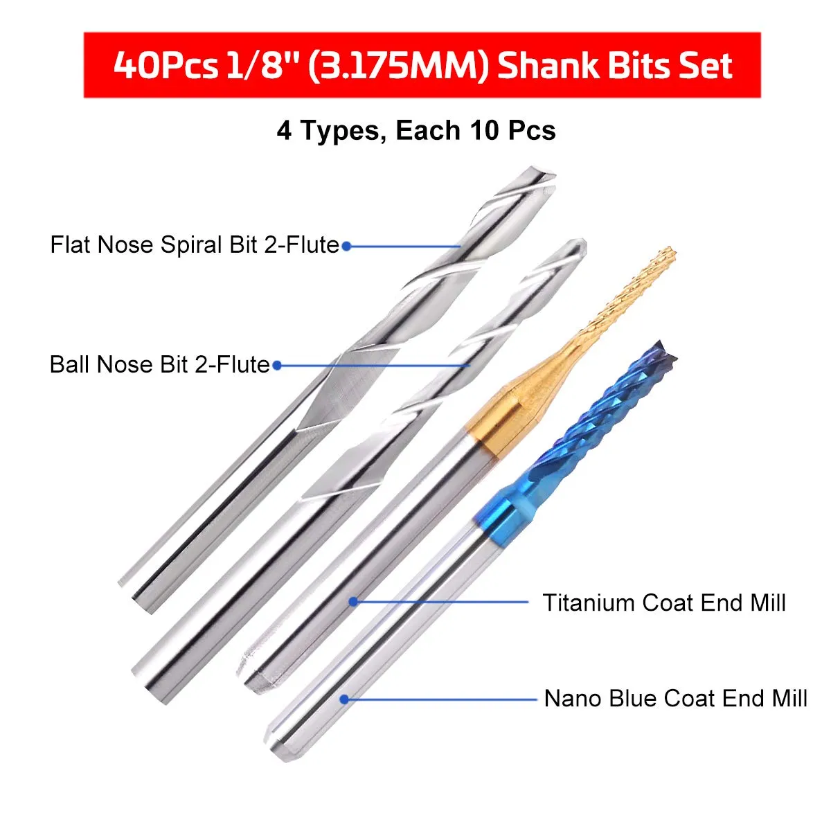 TwoWin 40Pcs End Mill Bits Set 1/8" Shank CNC Router Bits Cutting Milling Tool Engraving Cutter Including Flat Nose/Ball Nose End Mill, Nano Blue Coat/Titanium Coat 2 Flute CNC Router Bits