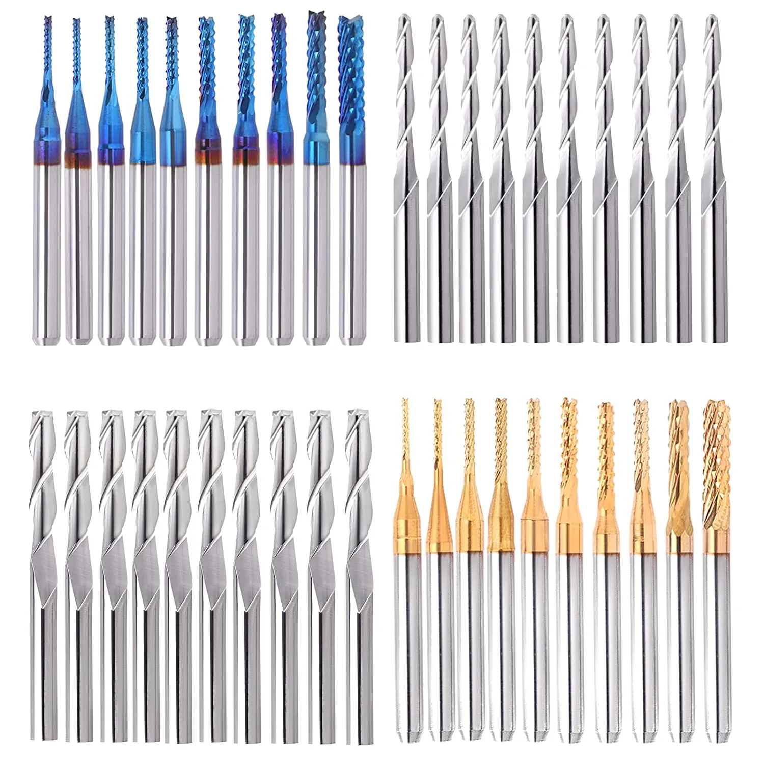 TwoWin 40Pcs End Mill Bits Set 1/8" Shank CNC Router Bits Cutting Milling Tool Engraving Cutter Including Flat Nose/Ball Nose End Mill, Nano Blue Coat/Titanium Coat 2 Flute CNC Router Bits