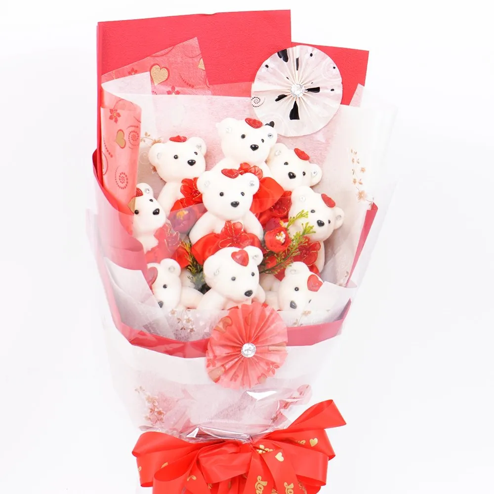 Valentine's Red Teddy Bear Bouquet With Cellophane