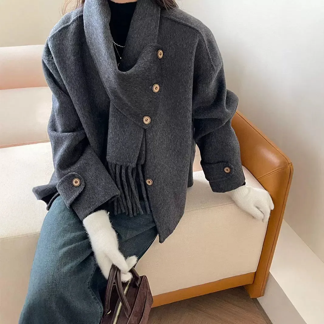 Vevesc frat outfits Solid Color Scarf Single Row Multi-Buckle Drop Shoulder Sleeve Double-Sided Cashmere Coat High-Grade Woolen Coat for Women Autumn and Winter New