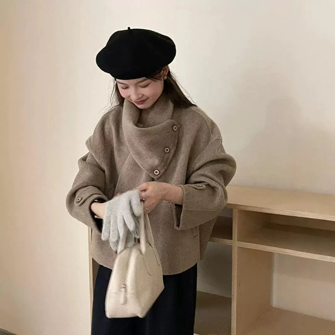 Vevesc frat outfits Solid Color Scarf Single Row Multi-Buckle Drop Shoulder Sleeve Double-Sided Cashmere Coat High-Grade Woolen Coat for Women Autumn and Winter New