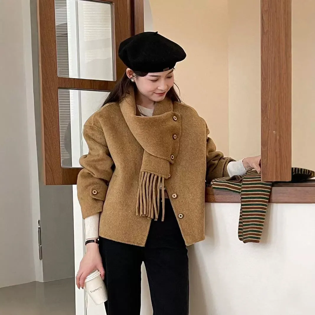 Vevesc frat outfits Solid Color Scarf Single Row Multi-Buckle Drop Shoulder Sleeve Double-Sided Cashmere Coat High-Grade Woolen Coat for Women Autumn and Winter New