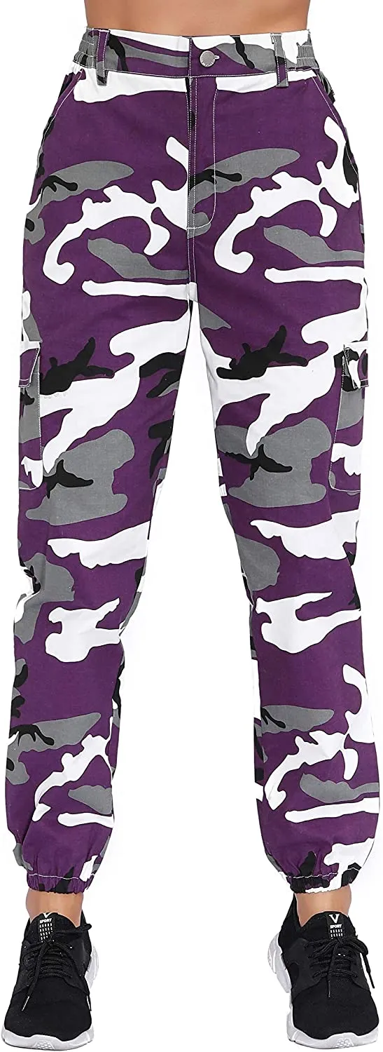 Women's Camo Pants Elastic Waist Casual Multi Outdoor Jogger Pants with Pocket