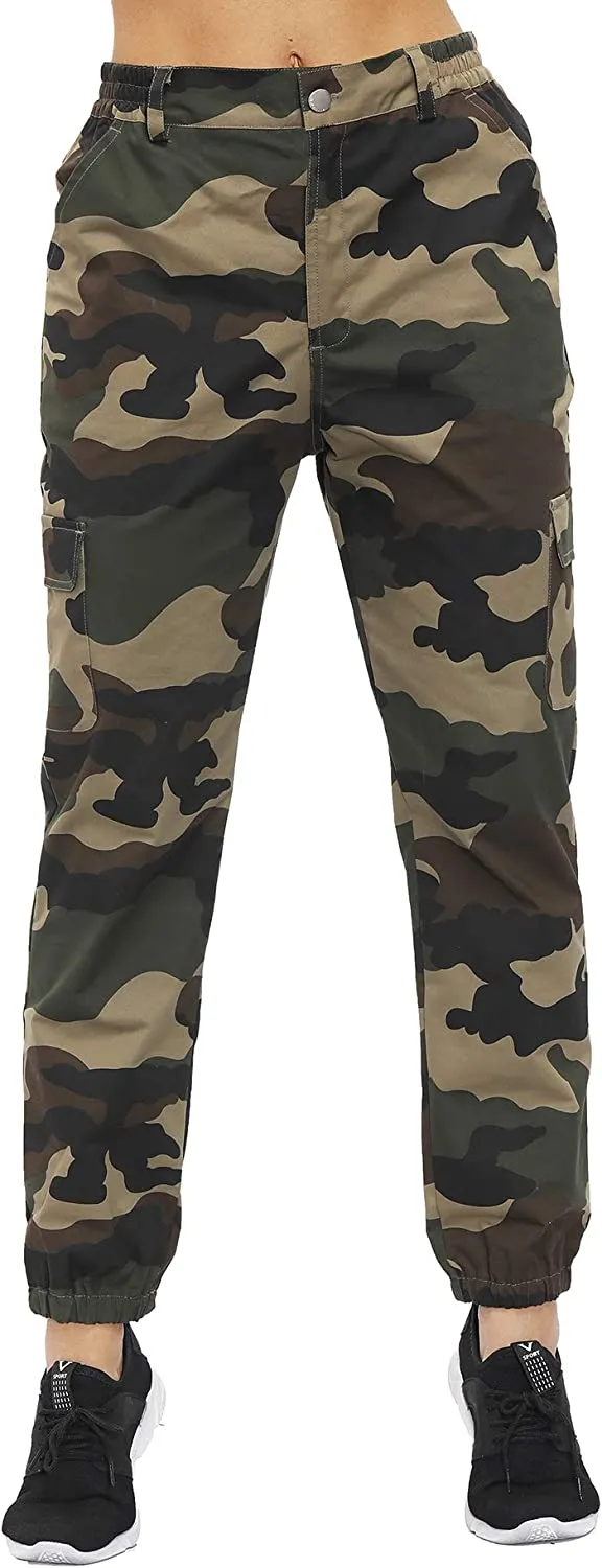 Women's Camo Pants Elastic Waist Casual Multi Outdoor Jogger Pants with Pocket